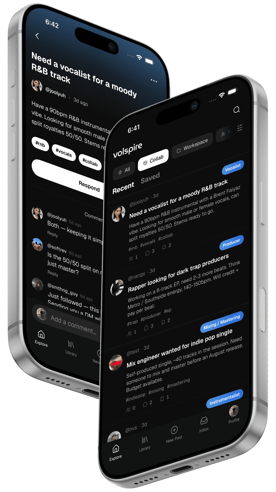 The Volspire iPhone app showing the collab feed and a collab post with comments
